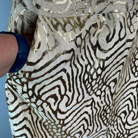 GAP Cowl Neck Tiger Animal Print Dress Cream Gold Metallic Sleeveless Pockets 12 - Picture 6 of 13